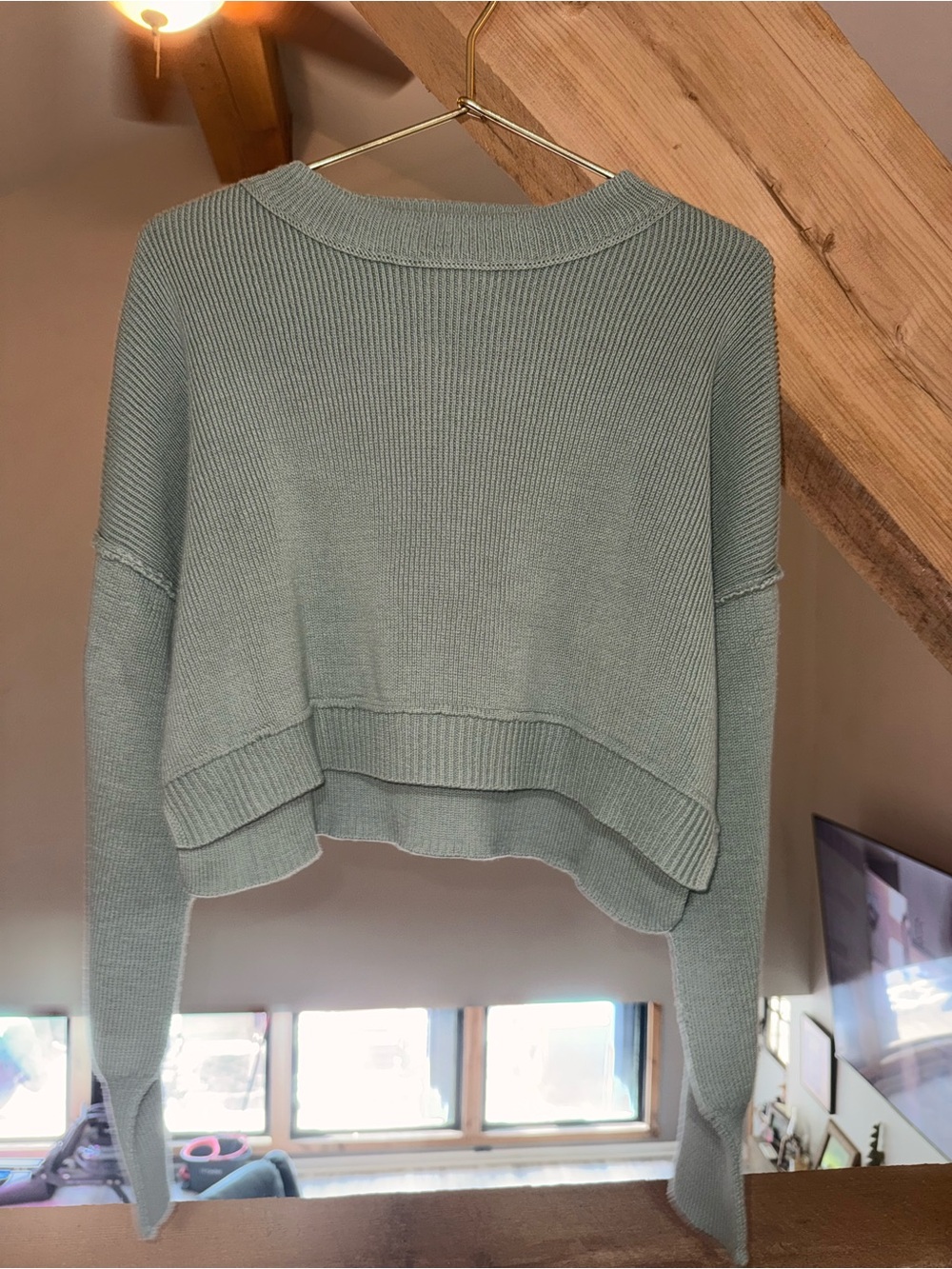 Pink Rose Cropped Sage Knit Crewneck Sweater
